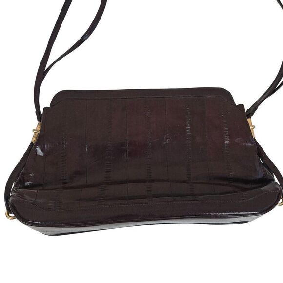 Vintage 60s Black Eel Skin Leather Shoulder Bag Gold Hardware Adjustable Strap - Picture 2 of 9